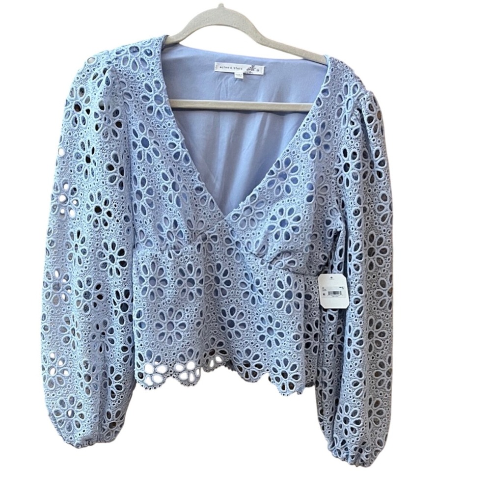 Altar'd State Eyelet Lace Peplum Top XXL Blue Cottagecore Boho‎ Balloon Sleeve